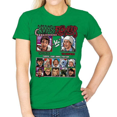 Xmas Fighter - Santa Clause vs National Lampoons Christmas Vacation - Womens T-Shirts RIPT Apparel Small / Irish Green