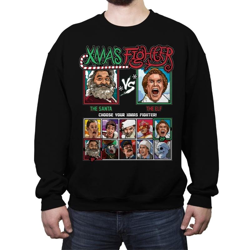 Xmas Fighter - Santa vs Elf - Crew Neck Sweatshirt Crew Neck Sweatshirt RIPT Apparel Small / Black