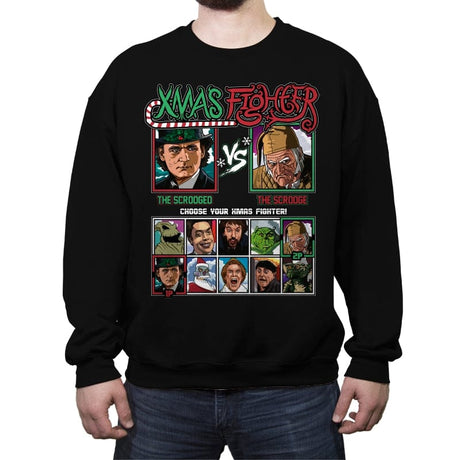 Xmas Fighter - Scrooged vs Christmas Carol - Crew Neck Sweatshirt Crew Neck Sweatshirt RIPT Apparel Small / Black