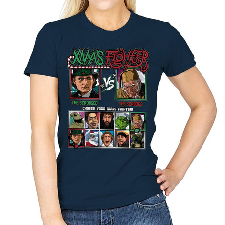 Xmas Fighter - Scrooged vs Christmas Carol - Womens T-Shirts RIPT Apparel Small / Navy