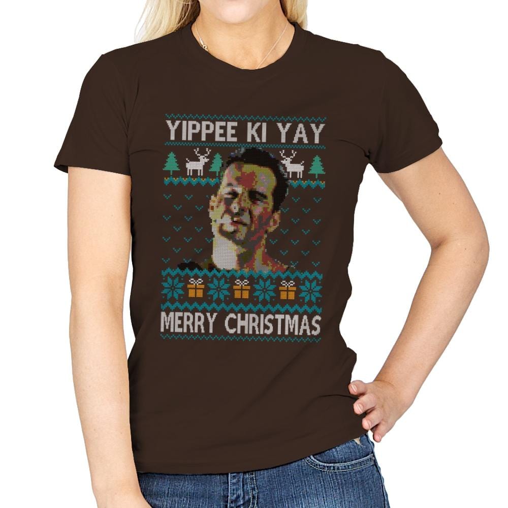 Yipee ki Yay Merry Christmas - Womens T-Shirts RIPT Apparel Small / Dark Chocolate